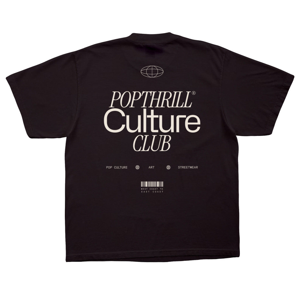 Black graphic t-shirt with the words Popthrill Culture Club on the back.