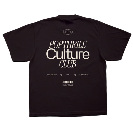 Black graphic t-shirt with the words Popthrill Culture Club on the back.