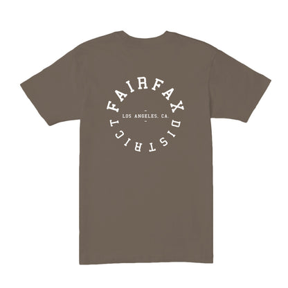 Brown t-shirt with Fairfax District Los Angeles, California on the back.