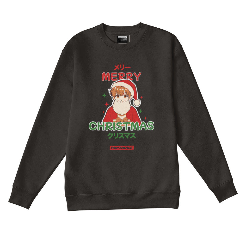 Black sweatshirt with Christmas anime character.