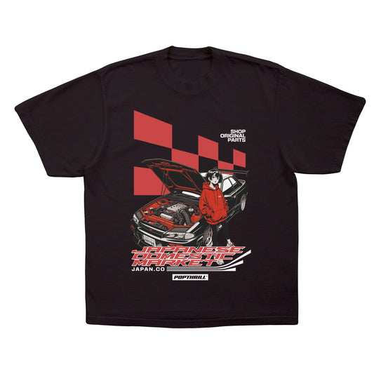 Black t-shirt with anime art on the front.